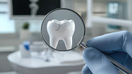 Close-Up of Cracked Tooth Being Examined with Magnifying Glass