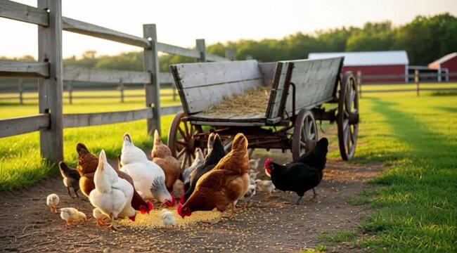 Galinhas e pintinhos comendo ra&ccedil;&atilde;o na fazenda.
