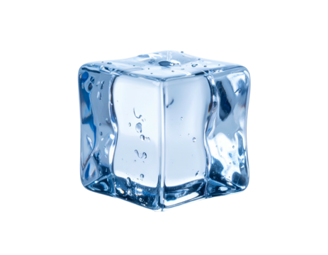 A glistening, transparent ice cube with water droplets, isolated on a black background