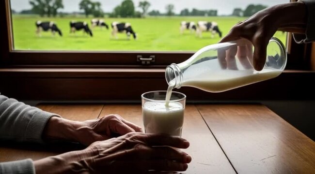 Uma m&atilde;o servindo leite no copo para uma pessoa com vista da janela para o campo com vacas pastando.