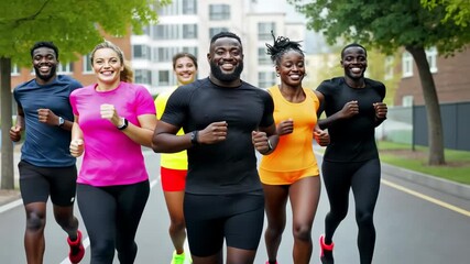 Diverse group of happy runners enjoying a vibrant outdoor workout