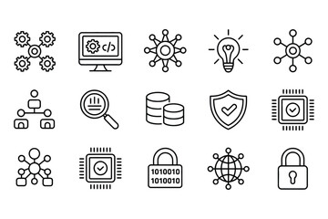 Collection of technology and data icons in a grid layout