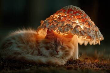 Cozy orange cat sleeping peacefully under a glowing mushroom lamp at night in a tranquil garden setting
