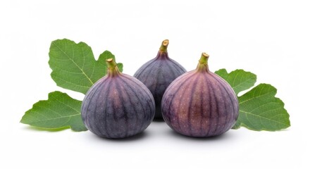 Fototapeta premium Three purple figs with stems and leaves on a stark white background