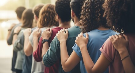 Diverse group showing unity and support, arms around each other in teamwork, bonding and togetherness