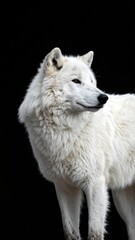Obraz premium Majestic white Arctic wolf with thick fur isolated on a black background.