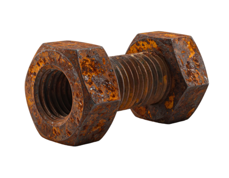 A rusty, close-up view of a bolt and nut on a black background, showing detail