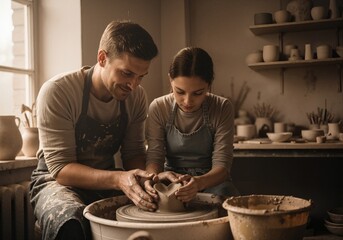 Father teaching his daughter how to make a clay pot on a pottery wheel. Man and girl crafting a heart-shaped vessel in a creative workshop