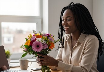 Smiling african american businesswoman receiving a surprise flower delivery at work. Happy professional woman holding a colorful bouquet gift in a modern office