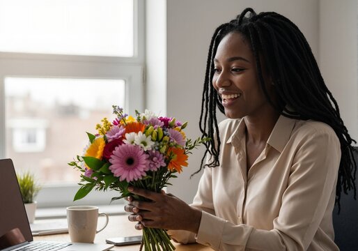 Smiling african american businesswoman receiving a surprise flower delivery at work. Happy professional woman holding a colorful bouquet gift in a modern office