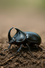macro photo of rhinoceros beetle standing on soil surface in tropical habitat