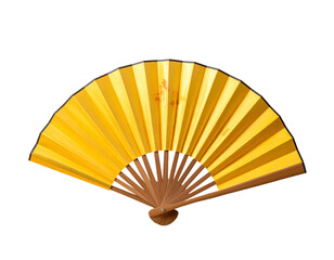 Folded yellow fan, open to display pleated surface, wooden handle, on black background