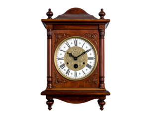 Antique wooden mantel clock with Roman numerals, ornate carvings, and gold details
