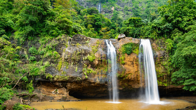 A very beautiful waterfall in the Ciletuh Geopark area, Sukabumi Regency, Indonesia. It is named Curug Sodong. The photos were taken during a sunny day and during the approaching rainy season