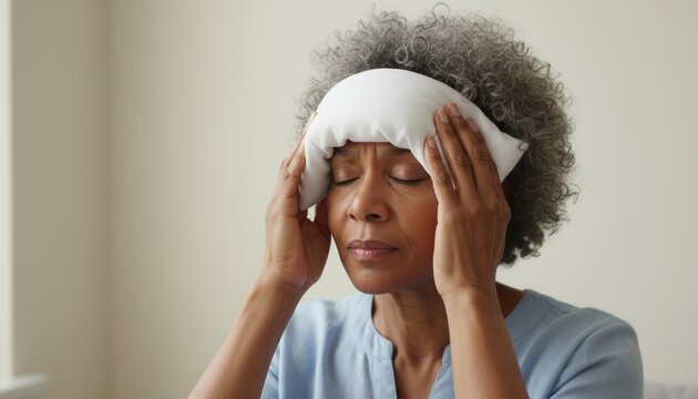 Mature African American woman with a headache holding a compress to her forehead. Person suffering from pain, migraine, or menopause symptoms. Health and wellness concept