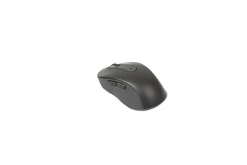 Studio shot of a modern dark gray/black wireless computer mouse with a scroll wheel and side buttons for enhanced usability. The design is sleek and ergonomic, making it suitable for office work, pers