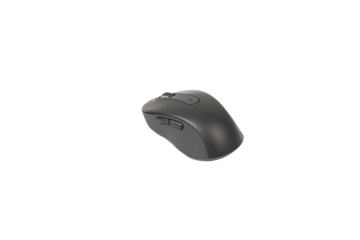 Studio shot of a modern dark gray/black wireless computer mouse with a scroll wheel and side buttons for enhanced usability. The design is sleek and ergonomic, making it suitable for office work, pers