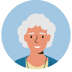 Portrait Of An Older Woman With White Curly Hair And A Blue Cardigan Over A Yellow Top Smiling On A Light Blue Circular Background