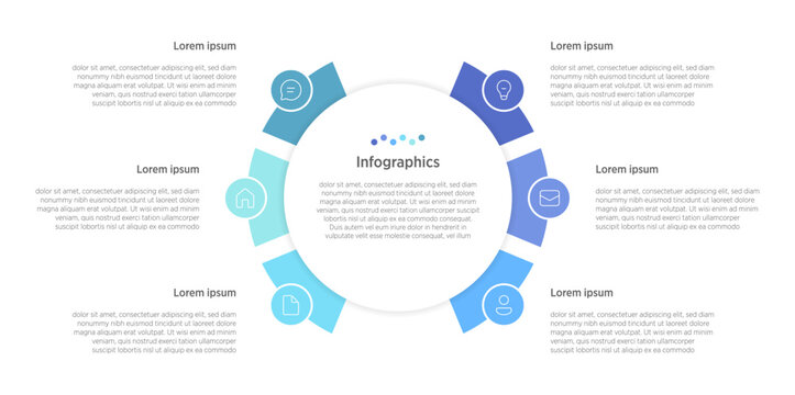 This vibrant vector infographic showcases a 6-step rounded timeline, interconnected by circular elements and enhanced with customizable layouts and marketing icons. 