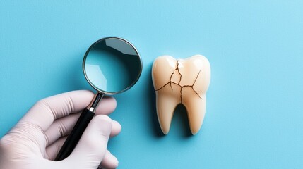 Magnifying Glass Highlighting Cracked Tooth Model on Blue Surface