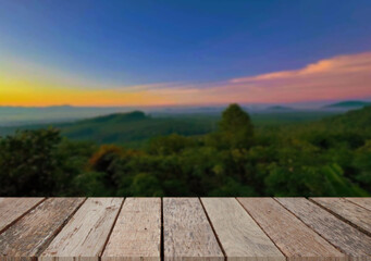 Wooden table top on the beach or sea.Party on the beach  sunset time concept.For montage product display or design key visual layout.View of copy space.