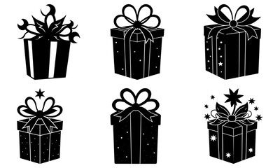 Set of six black and white gift box illustrations
