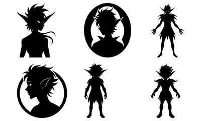 Mysterious silhouette figures of fantastical beings with pointed ears and spiky hair, perfect for fantasy art, gaming, and storybook projects.