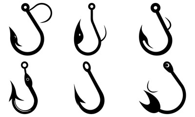 Dynamic collection of six distinct fishing hooks showcasing sharp points and varied designs for angling success and outdoor adventure