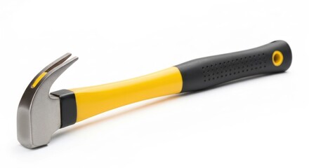 Yellow-handled claw hammer at angle, against a plain white background