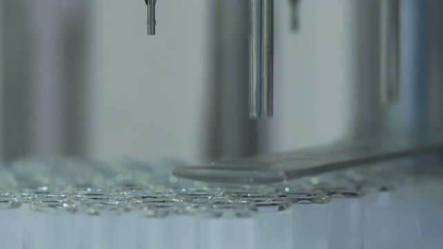 High-definition footage of an automated cleanroom assembly where glass ampoules are washed, filled with injectable medication, sterilized, and hermetically sealed. Showcases precision robotics, strict