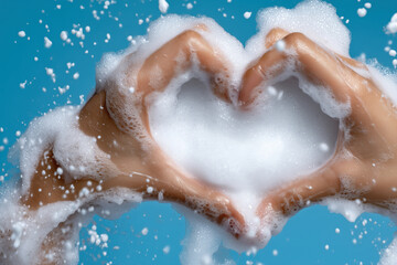 Fototapeta premium Hands forming heart shape with soap foam
