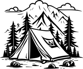 Minimalist camping concept in mountain with tent campfire
