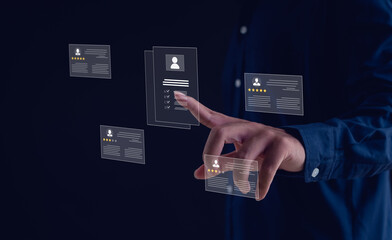 Digital recruitment and human resource management concept with businessman selecting candidate profiles on virtual screen, showing resume evaluation, rating system, HR technology for online hiring.