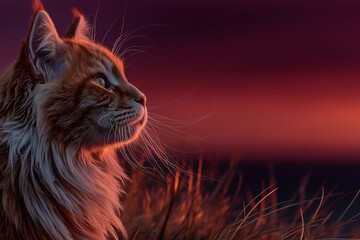 Maine Coon cat gazing at a colorful sunset over a grassy landscape near the ocean