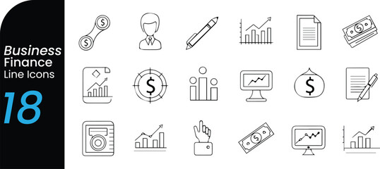 Collection of hand drawn business and finance line icons representing growth and data