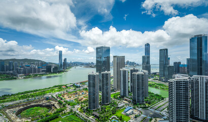 Aerial view of a new urban development area with modern residential skyscrapers and construction...