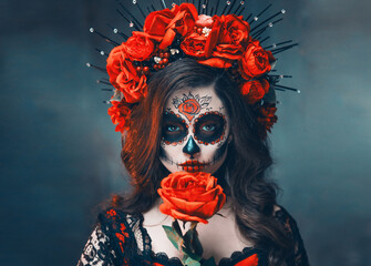 real person close-up portrait body art woman sugar skull make-up beauty face eyes lips, hand...