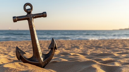 Vintage Anchor Resting on Sandy Beach at Sunset Over Ocean Waves