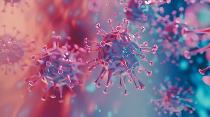 3D rendering of virus cells with pink and blue lighting, scientific visualization background.
- Powered by Adobe