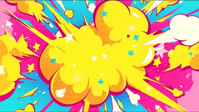 Pop art background animation of explosion motion and fire shapes