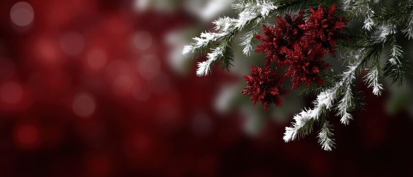 Close-up of Christmas tree branches with red decorations and white snowflakes, Christmas theme with dark color palette and dark burgundy background.