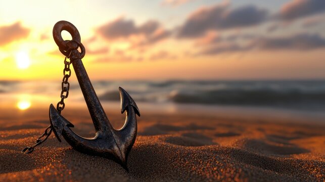 Majestic Rusty Anchor on Sandy Beach at Sunset with Ocean Waves