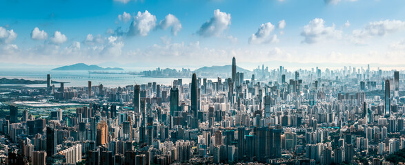 Dense urban landscape of a major asian metropolis with countless skyscrapers creating a modern...