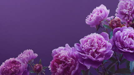 Background of pink peony flowers in bloom on dark purple background with copy space.