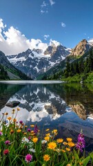 Vibrant Wildflowers on the Shore of a Reflective Alpine Lake.