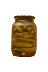 Glass jar with pickled cucumbers and garlic is isolated.