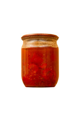 Glass jar with marinated tomato paste is isolated.