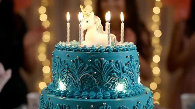 Decorated cake with unicorn topper and lit candles at a celebration