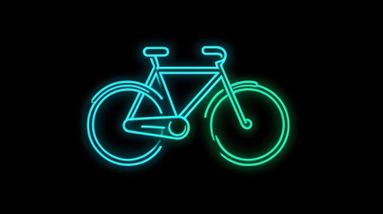 Fototapeta premium Bright cyan and green neon outline of a classic bicycle glows against a dark background