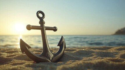Rusty Anchor on Sandy Beach at Sunset with Calm Ocean Waves
